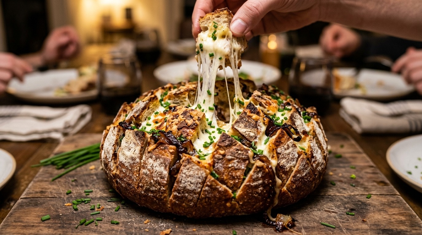 Cheesy pull-apart blooming onion bread with stretchy melted mozzarella