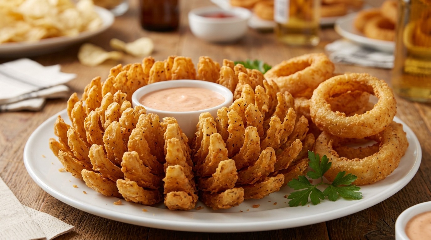 Golden blooming onion recipes centerpiece with pink dipping sauce and onion rings on a white platter