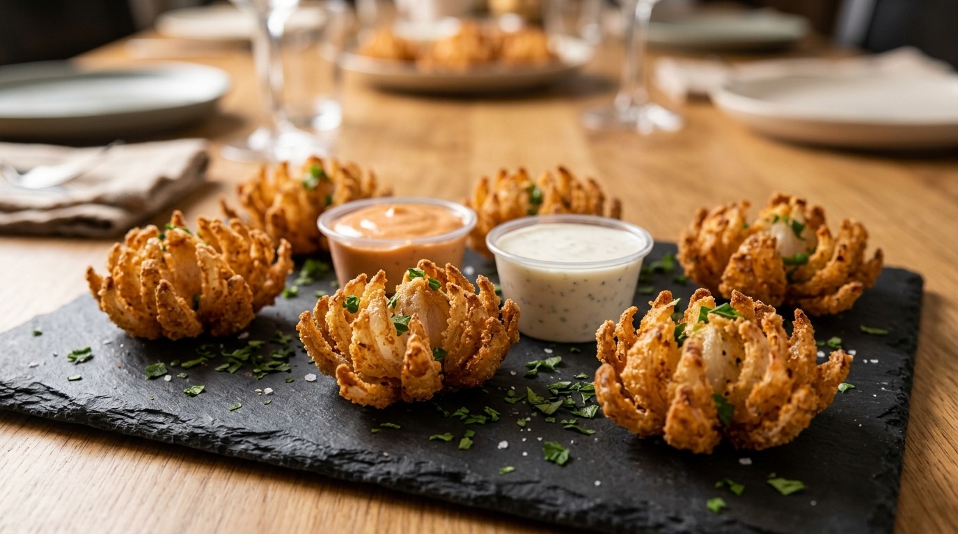 Mini blooming onions made from shallots on a slate board with small cups of sauce