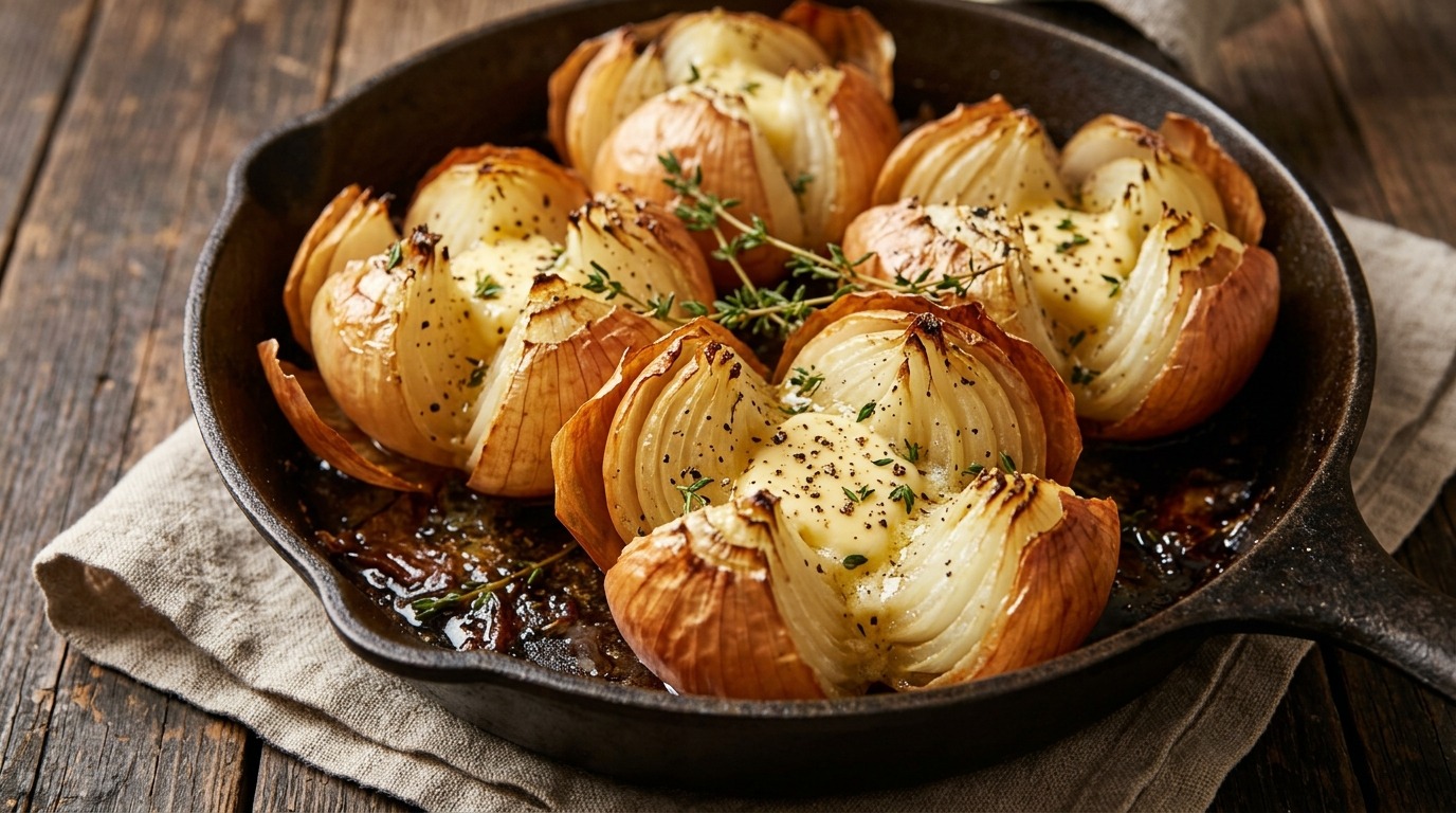 Roasted sweet onions cut into petals with butter and thyme in a cast iron skillet
