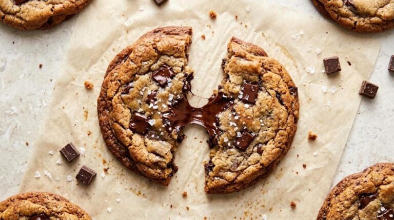 Brown butter chocolate chip cookie broken in half with melted chocolate