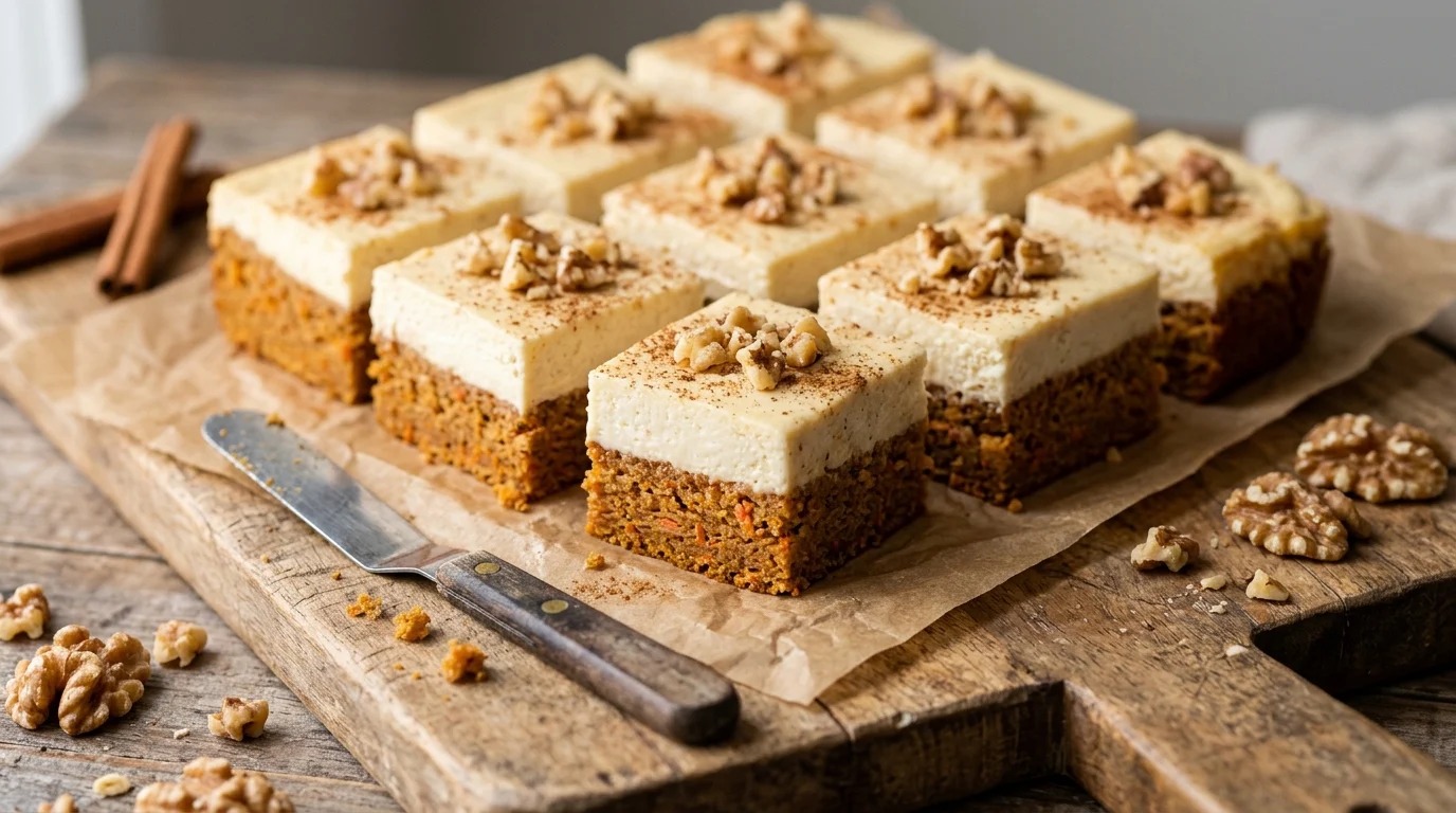 Square bars with a spiced bottom layer and creamy cheesecake top sprinkled with walnuts