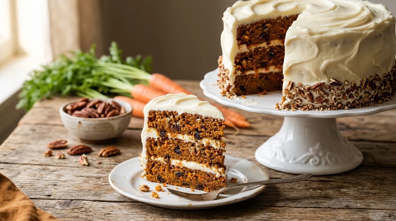 Three-layer carrot cake with cream cheese frosting and chopped pecans, a cut slice on a plate