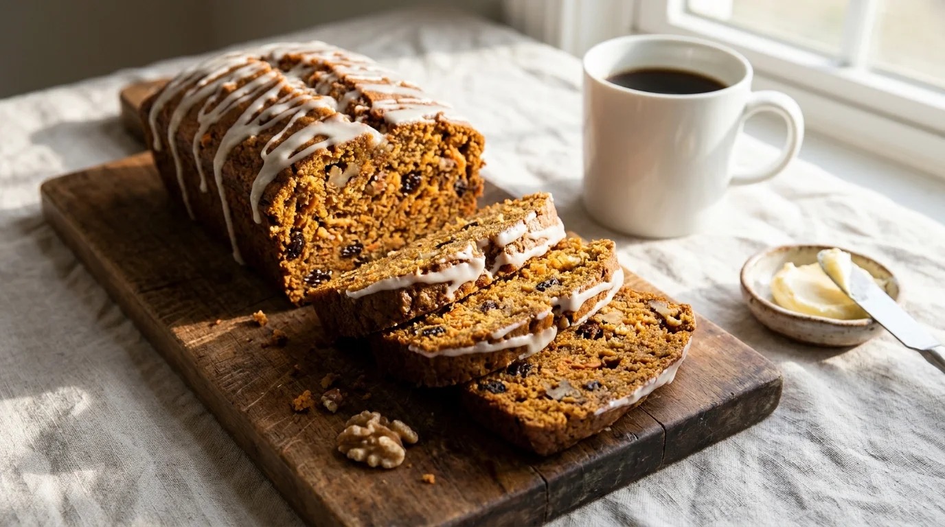 Sliced carrot cake loaf with a drizzle of cream cheese glaze beside a mug of coffee