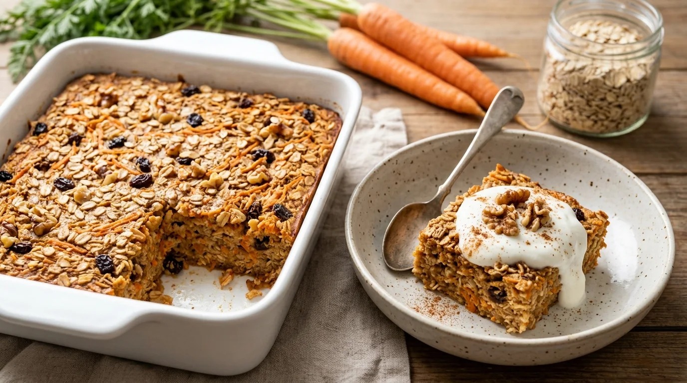 Baked oatmeal with grated carrot, raisins and walnuts served in a bowl with yogurt