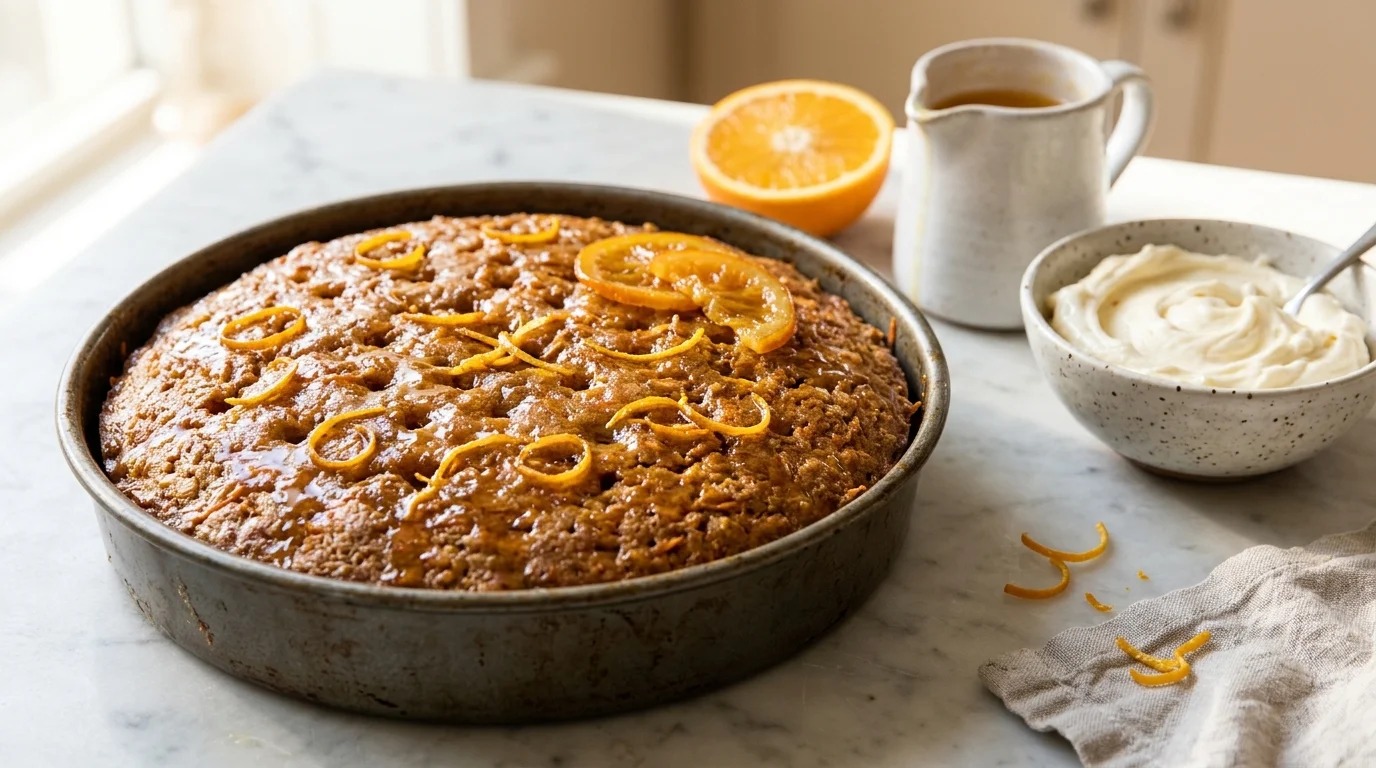 Round spice cake glazed with shiny orange syrup and orange zest next to a halved orange
