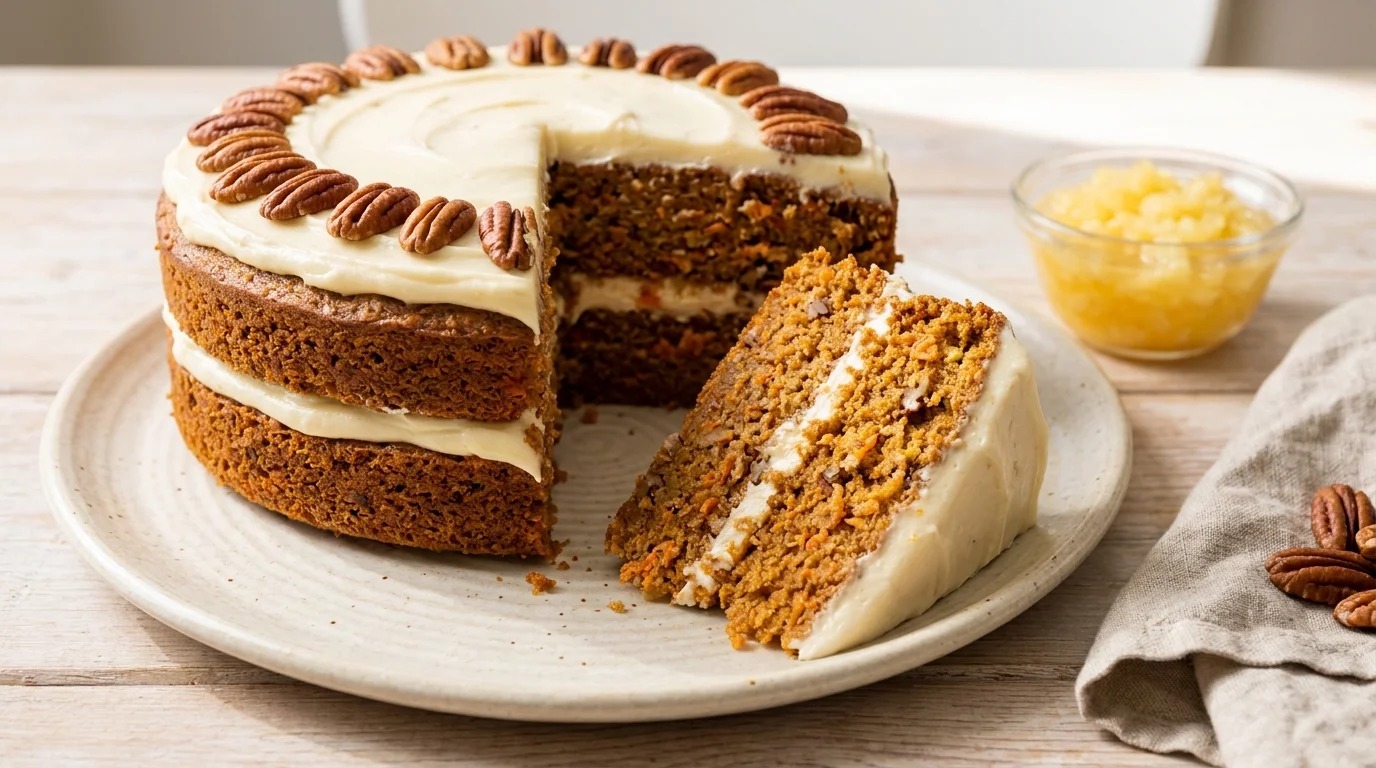 Two-layer pineapple pecan carrot cake topped with pecan halves, a wedge showing the moist crumb