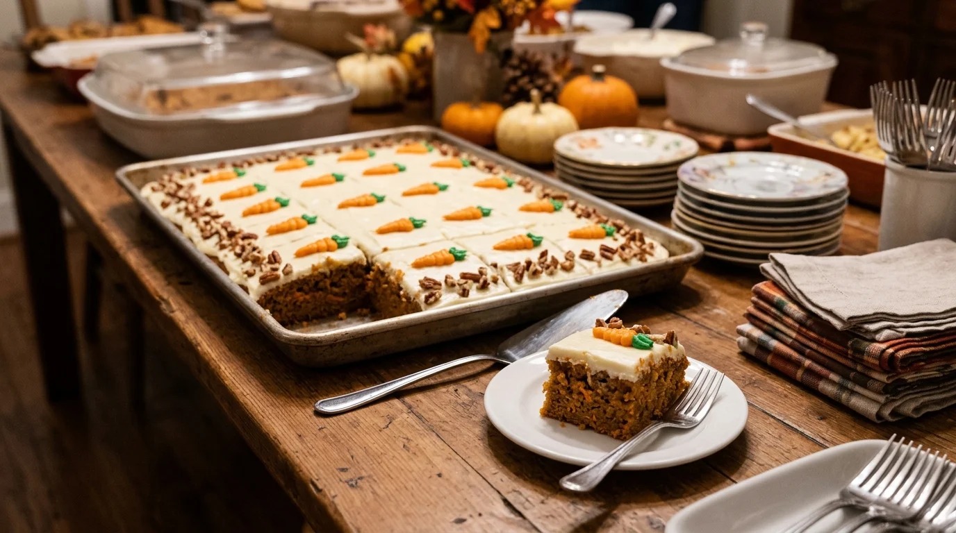 Sheet cake in a metal pan with cream cheese frosting, pecans and piped carrots, one square served