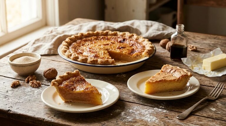 Rustic water pie, one of the classic desperation pies, with slices on vintage plates