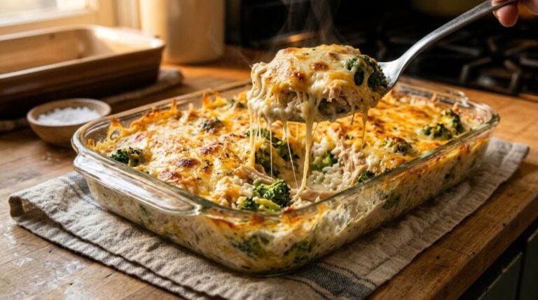 Dump and bake dinners: cheesy chicken, rice and broccoli casserole with a spoon lifting a scoop