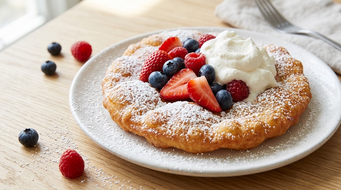 Golden round topped with whipped cream, strawberries and blueberries