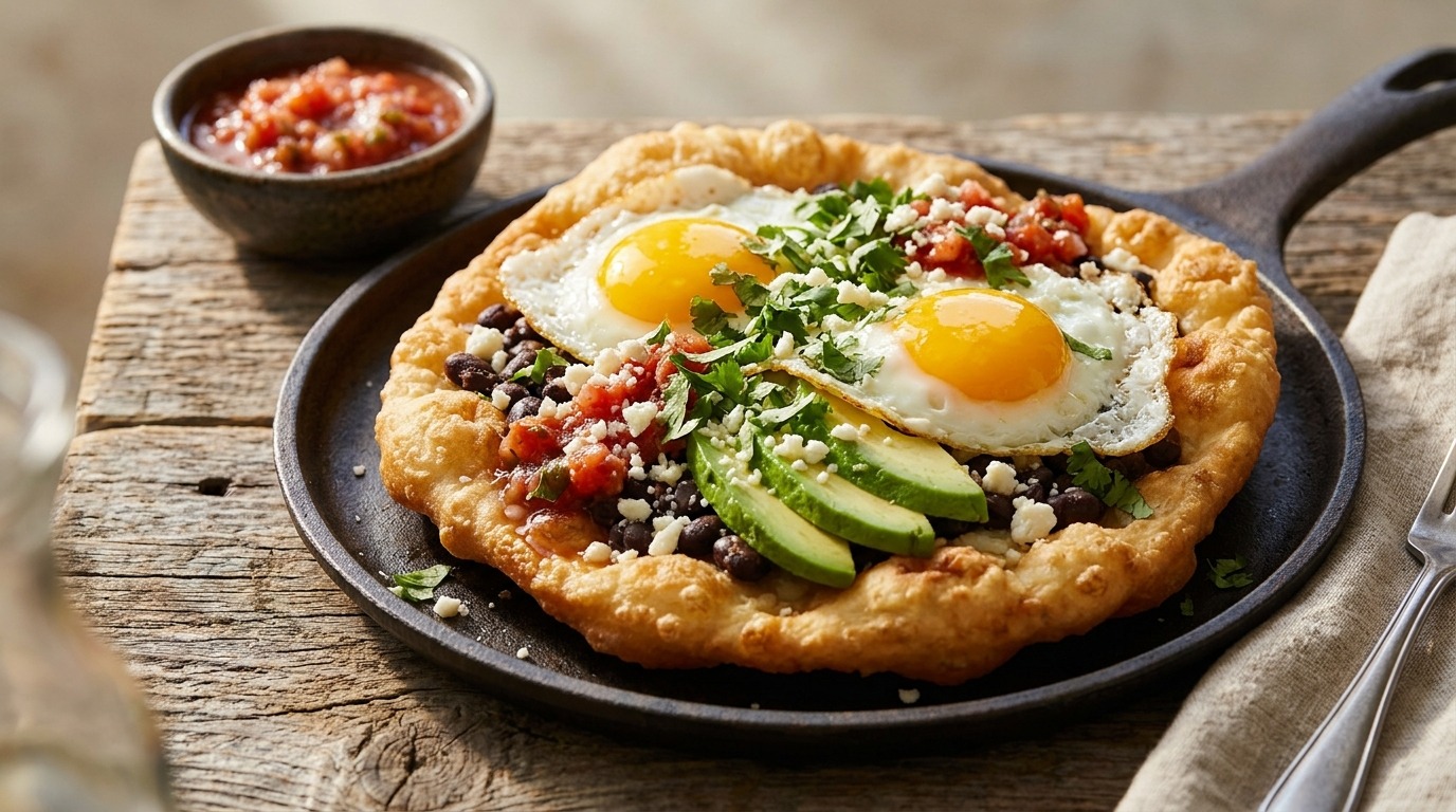 Breakfast fry bread recipe with sunny-side-up eggs, avocado and salsa