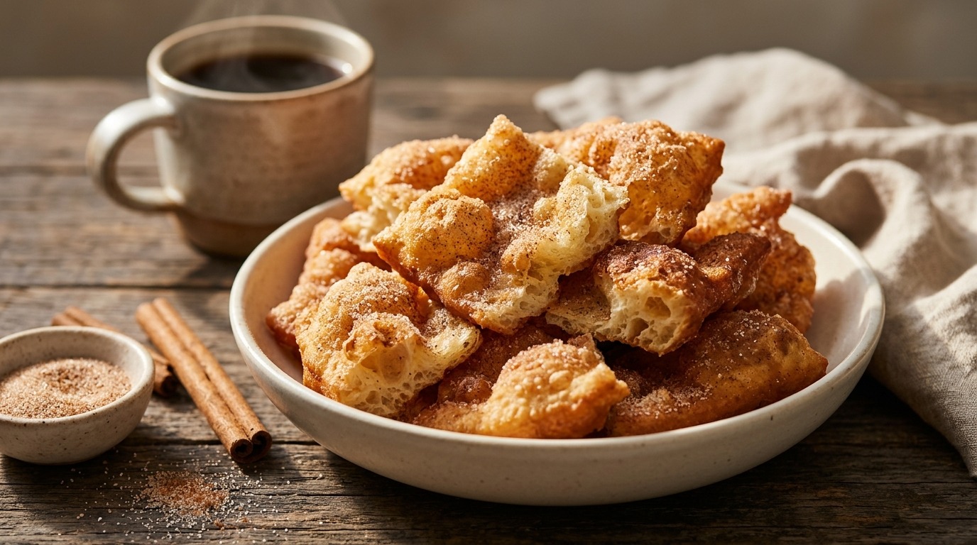 Cinnamon sugar dough bites in a white bowl next to coffee
