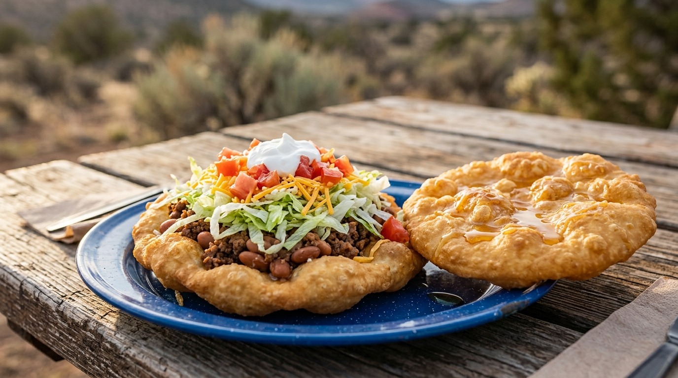 Fry bread recipe for Indian tacos with beef, beans, lettuce and cheese on a blue enamel plate