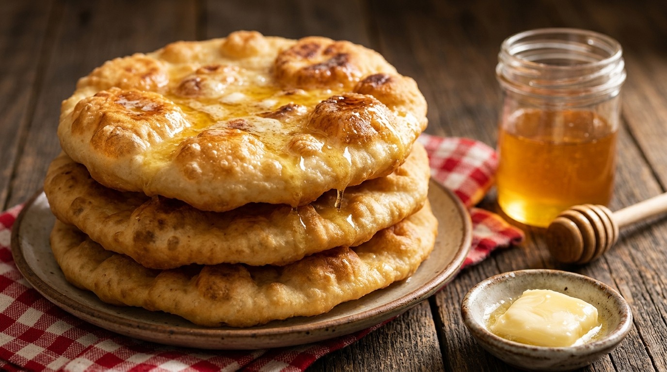 Honey butter fry bread recipe stacked beside a honey jar