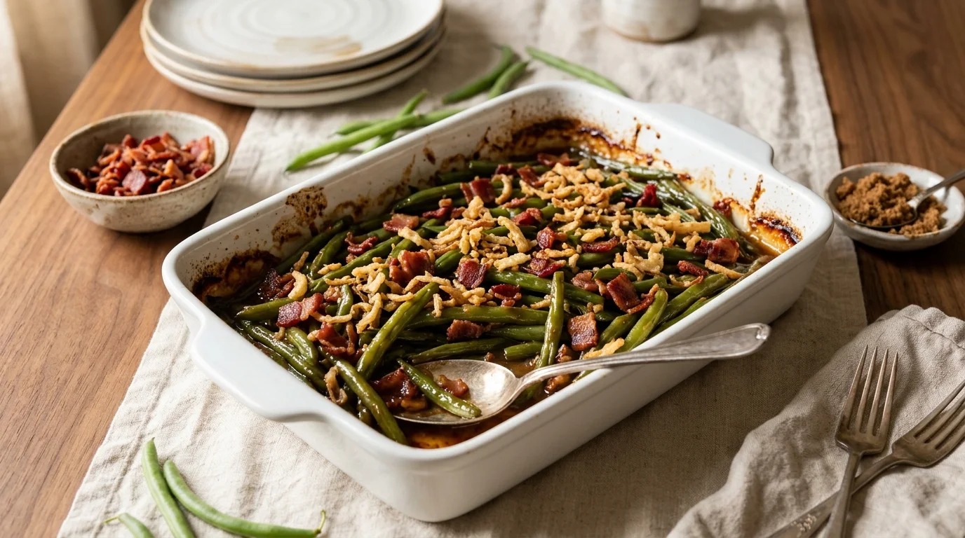 Sticky brown sugar glazed side dish with crispy bacon pieces