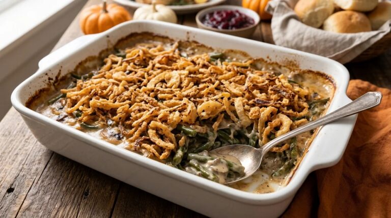 Classic green bean casserole with crispy fried onions in a white baking dish