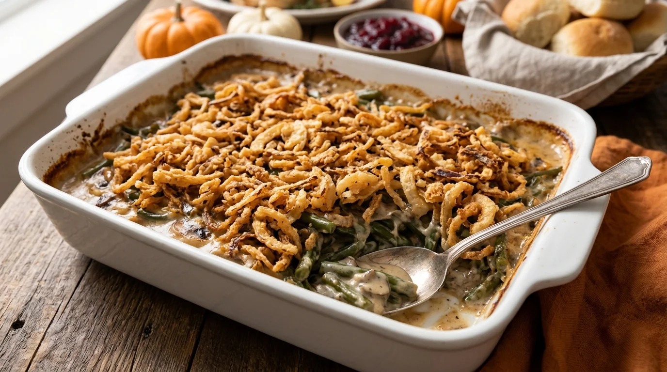 Classic green bean casserole with crispy fried onions in a white baking dish