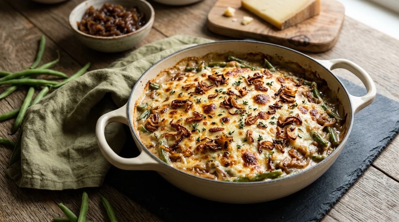 French onion green bean casserole with caramelized onions and melted Gruyere