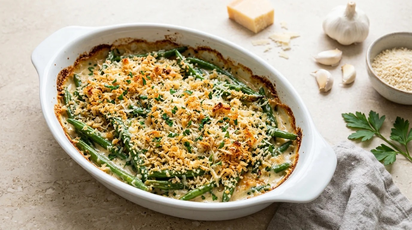 Garlic parmesan green bean casserole with a golden panko crust