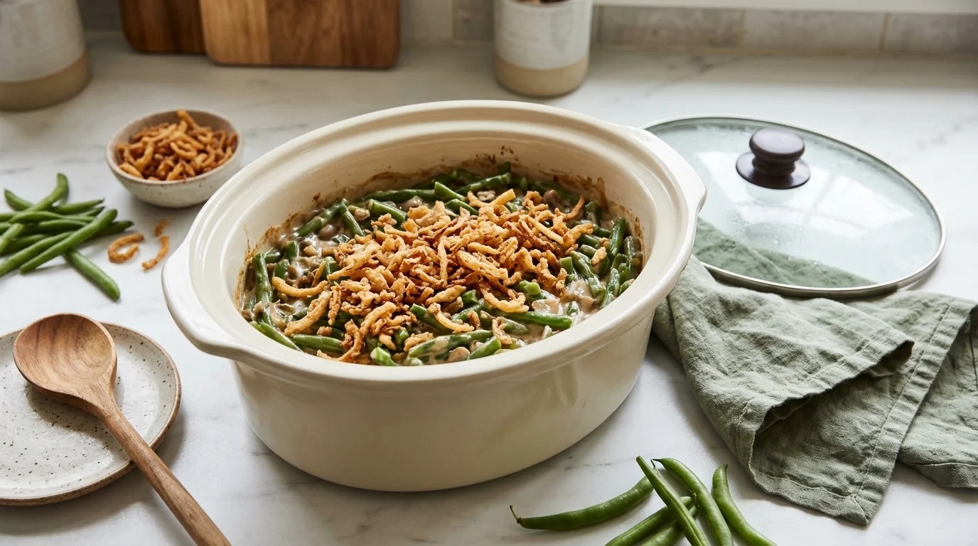 Creamy holiday side in a slow cooker crock topped with crispy onions