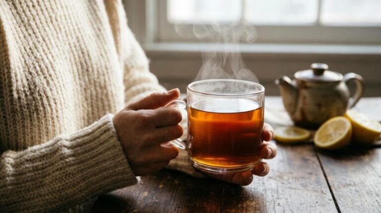 Tea and heart health: hands holding a warm glass mug of black tea by a window