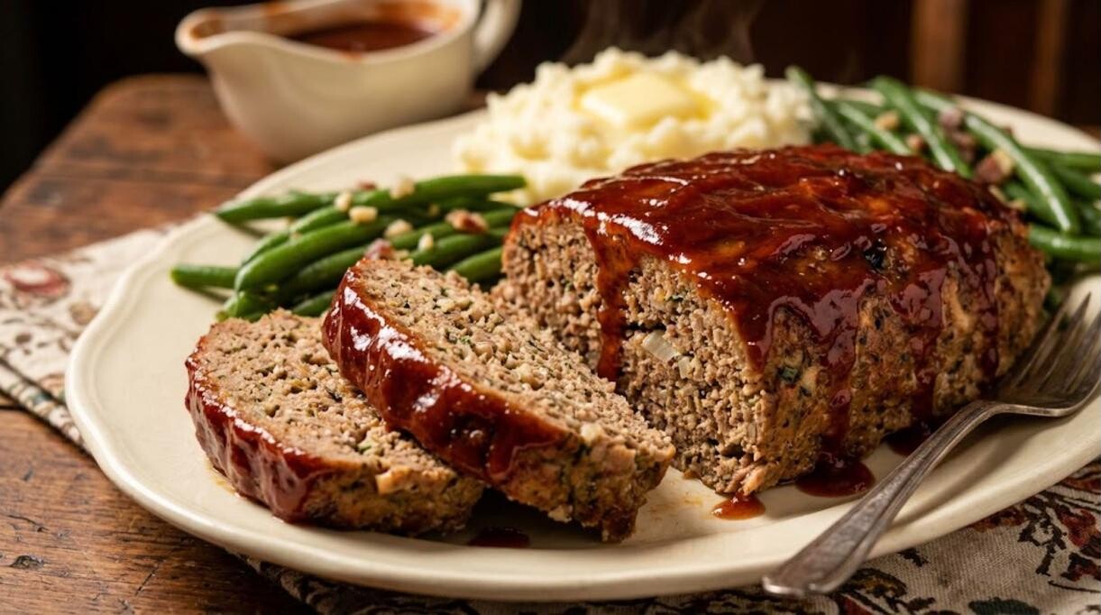 Meatloaf recipes like Mom made: sliced glazed meatloaf with mashed potatoes and green beans