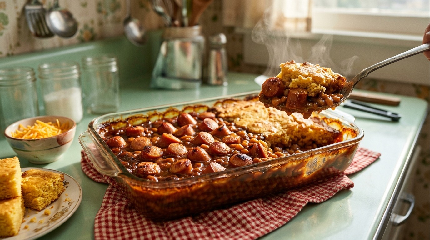 Hot dog dinners: baked franks and beans with a golden cornbread crust in a vintage glass dish
