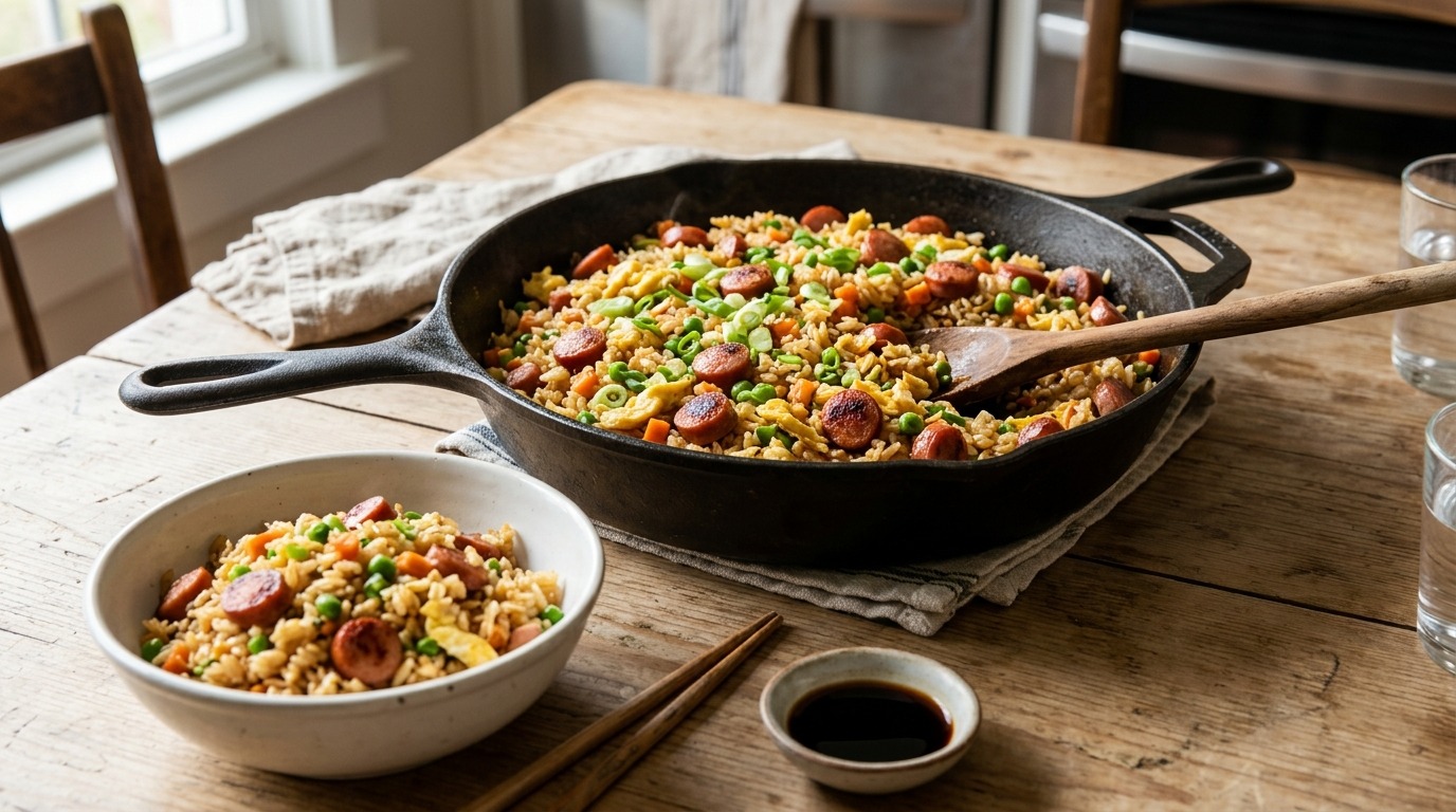 Hot dog fried rice with egg and peas in a cast iron skillet