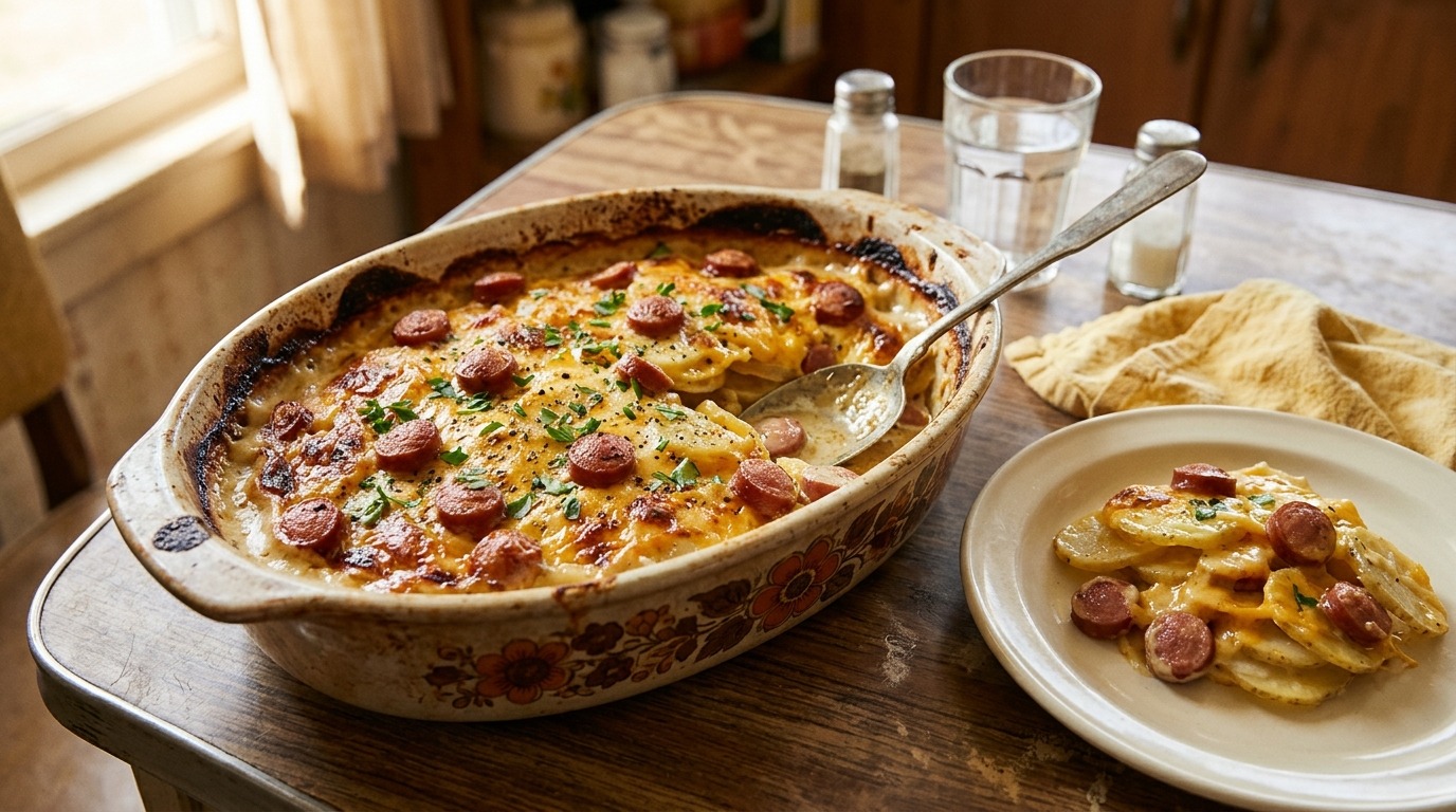 Scalloped potatoes and franks baked in a vintage oval casserole