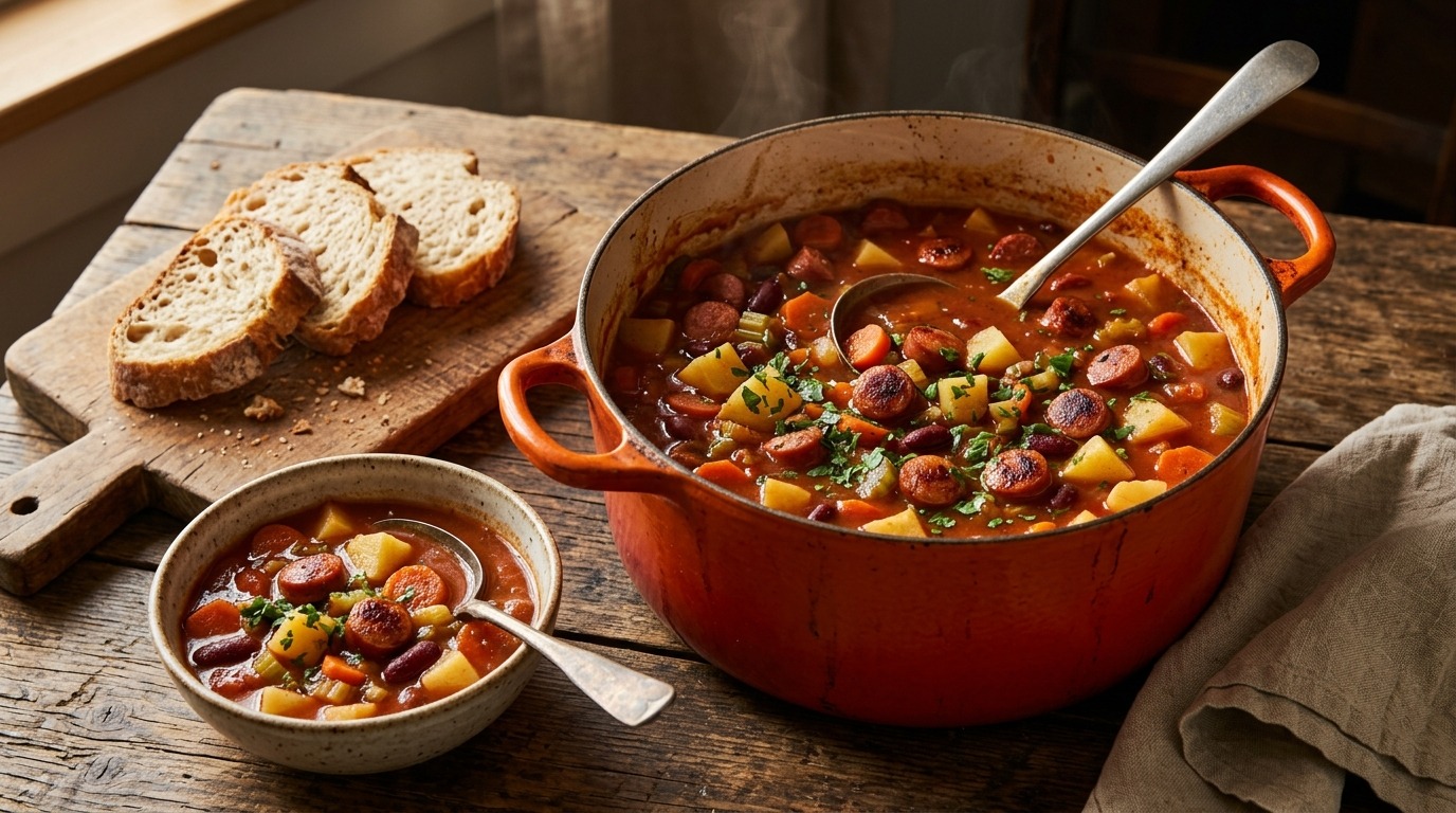 Hot dog and potato stew with beans in an orange pot