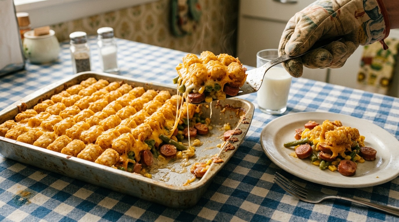 Hot dog tater tot casserole with melted cheddar on a checked tablecloth