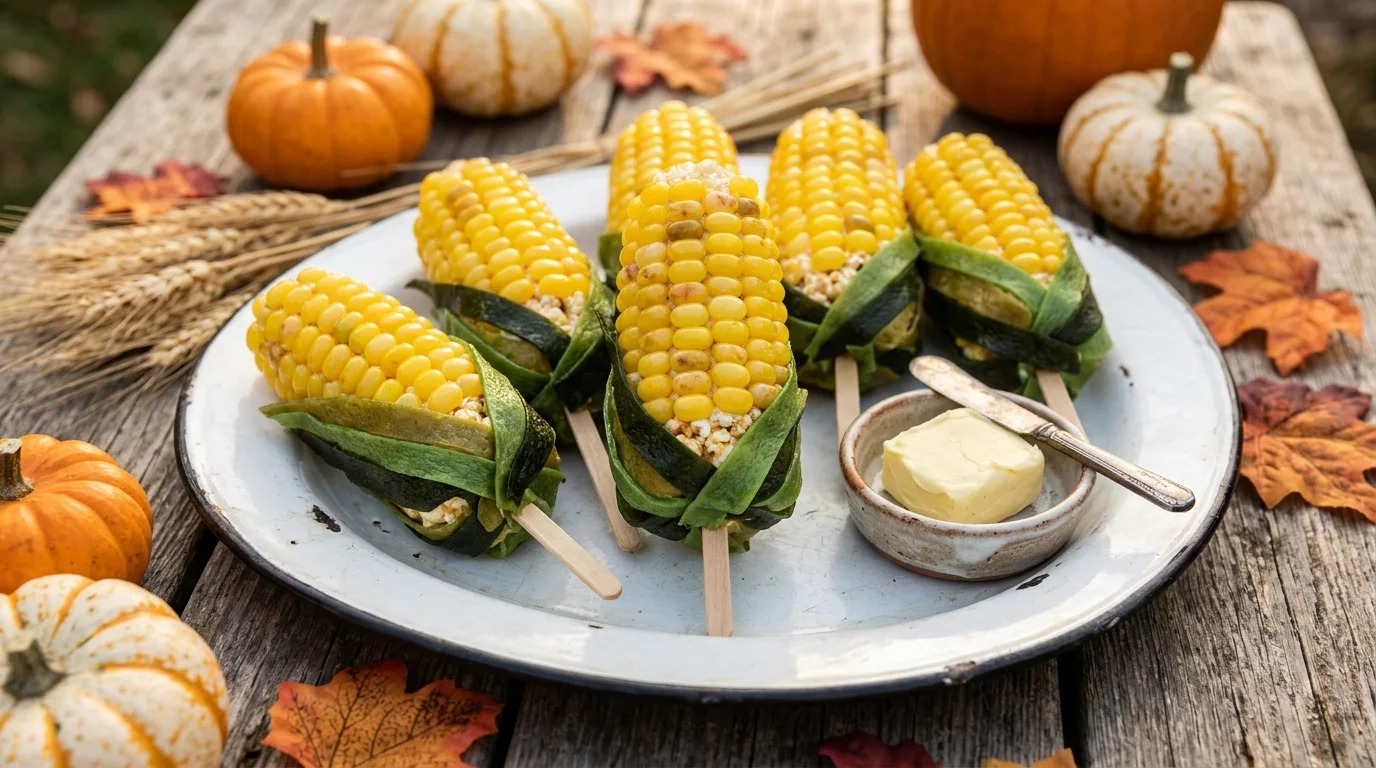 Popcorn treats shaped like corn on the cob covered in yellow jelly beans