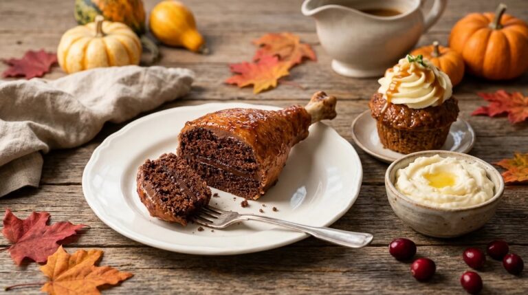 Turkey drumstick cake sliced open to show chocolate cake inside, one of the best food illusion recipes