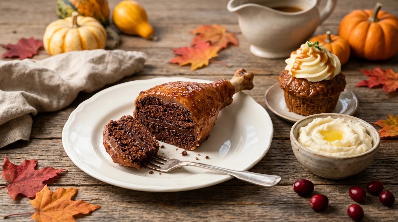 Turkey drumstick cake sliced open to show chocolate cake inside, one of the best food illusion recipes
