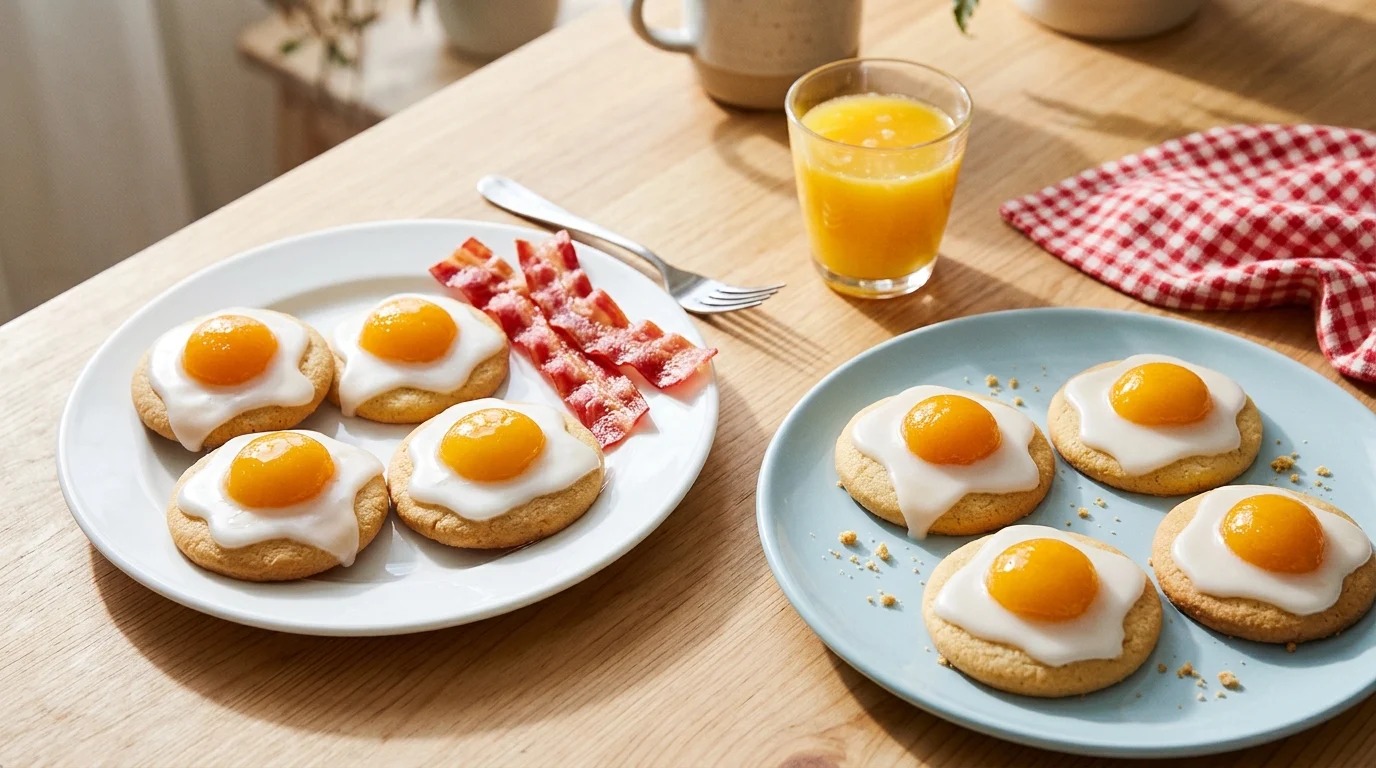 Sugar cookies decorated to look like fried eggs with apricot yolks