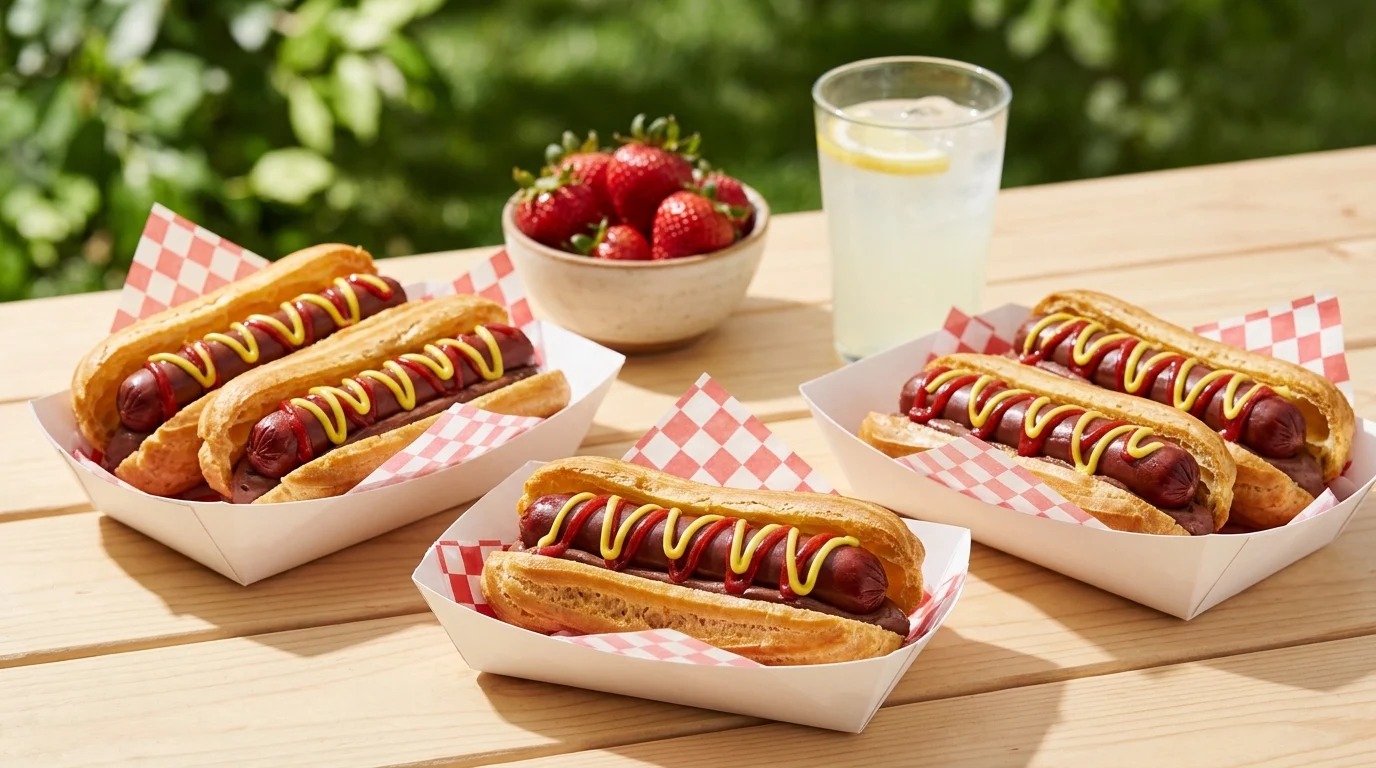 Eclairs filled with chocolate and decorated to look like hot dogs with mustard and ketchup