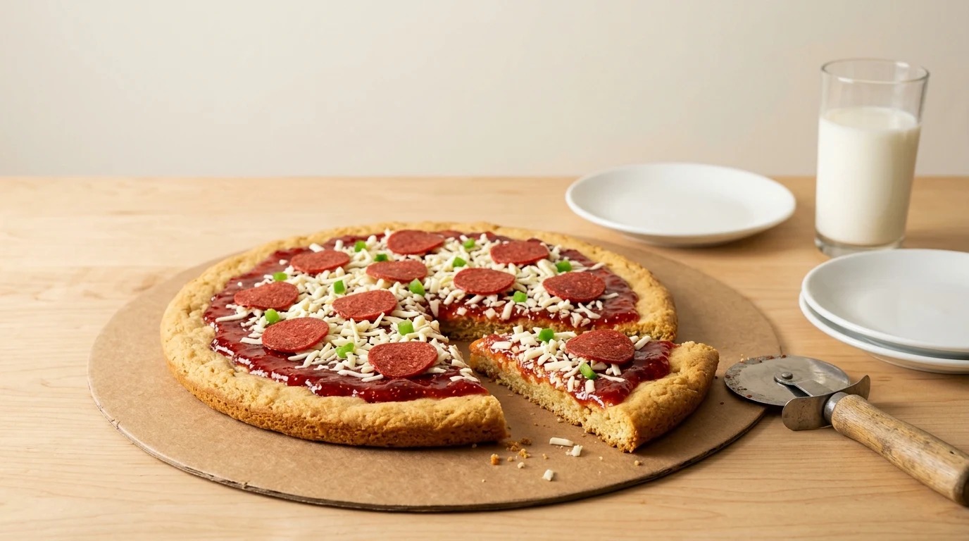 Food illusion cookie cake decorated to look like a pepperoni pizza