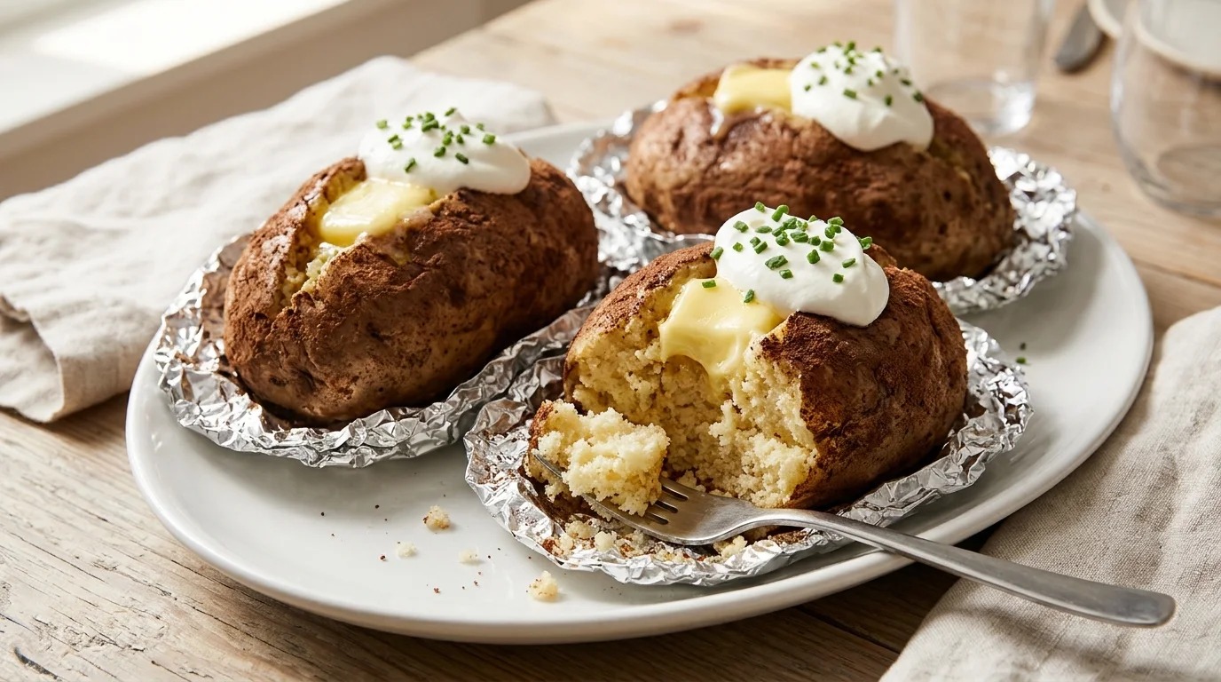 Food illusion cake shaped like a baked potato with whipped cream sour cream and green chives