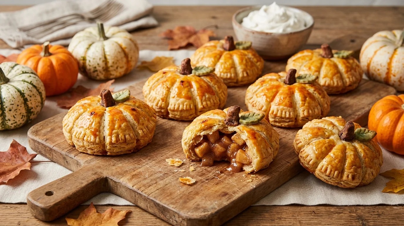 Mini apple pies shaped like little orange pumpkins with pastry stems