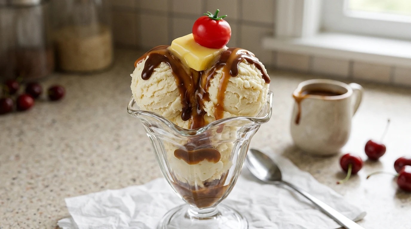 Vanilla ice cream sundae shaped like mashed potatoes with fudge gravy and a cherry