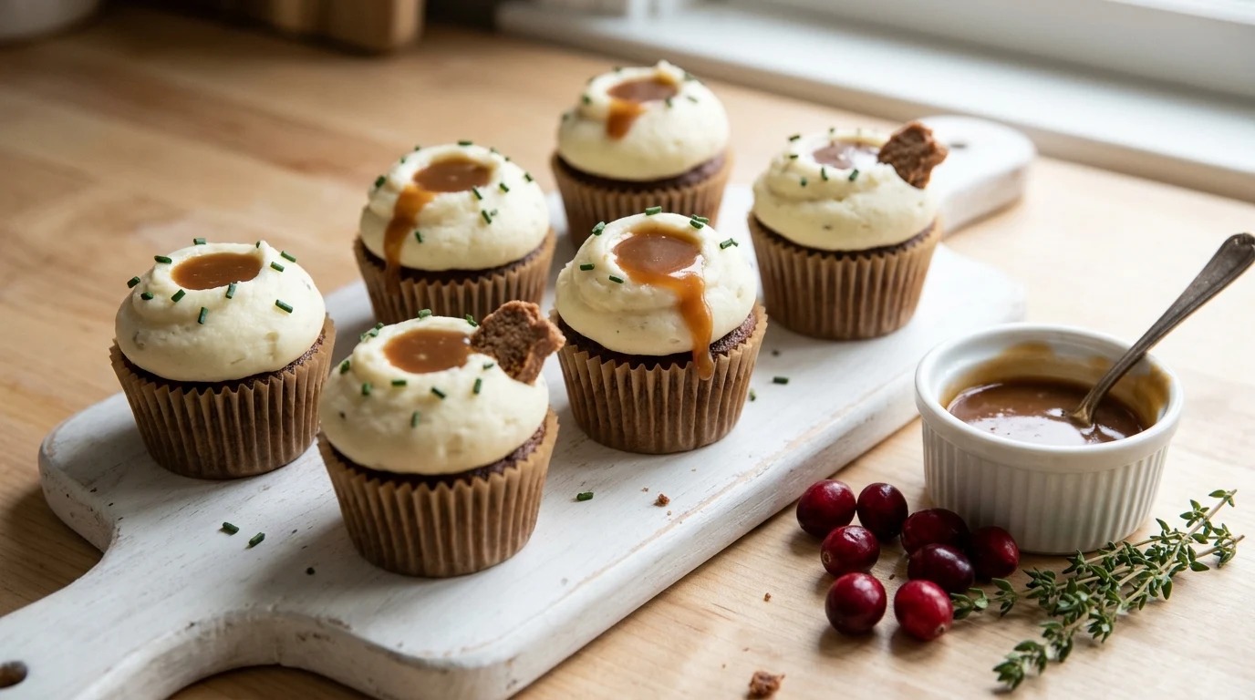 Food illusion cupcakes frosted to look like mashed potatoes with caramel gravy