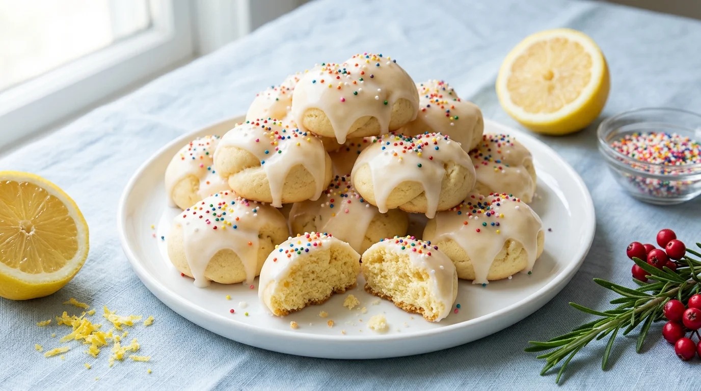 Glazed anginetti lemon knots with rainbow sprinkles and fresh lemon halves