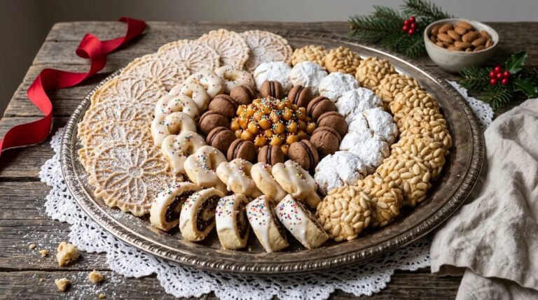 Holiday tray of Italian Christmas cookies with anise pizzelle, fig cookies and pignoli