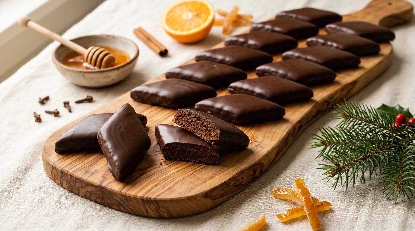 Chocolate glazed mostaccioli diamonds from Naples on a wooden board