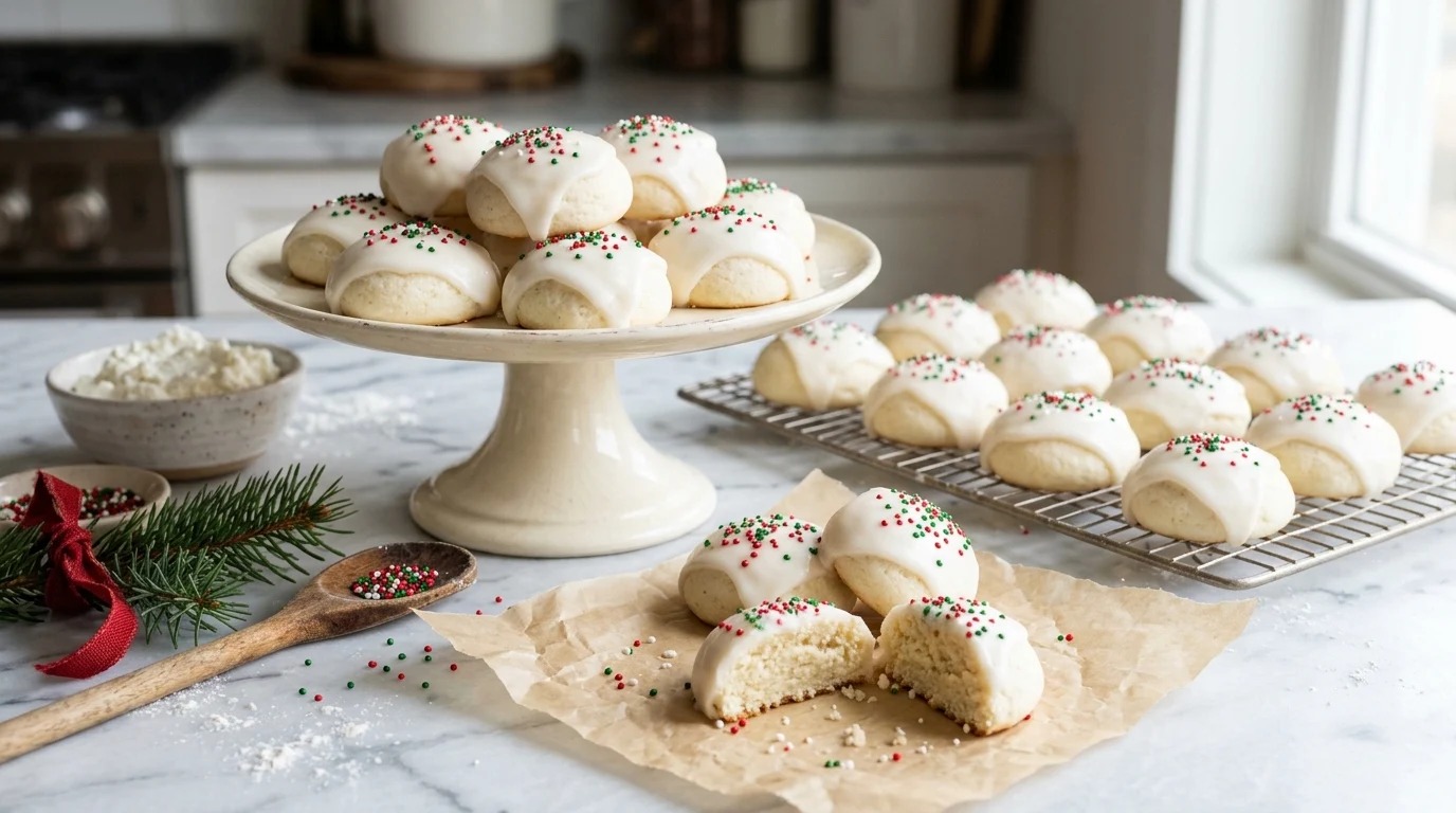 Soft glazed ricotta cookies with red and green sprinkles on a cream cake stand