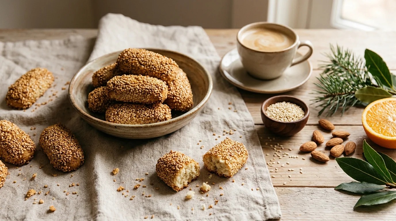 Sicilian biscotti regina rolled in toasted sesame seeds