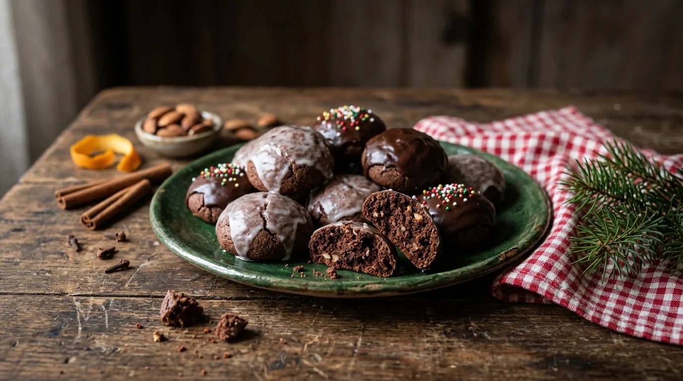 Sicilian tetu chocolate spice balls with white and chocolate glaze