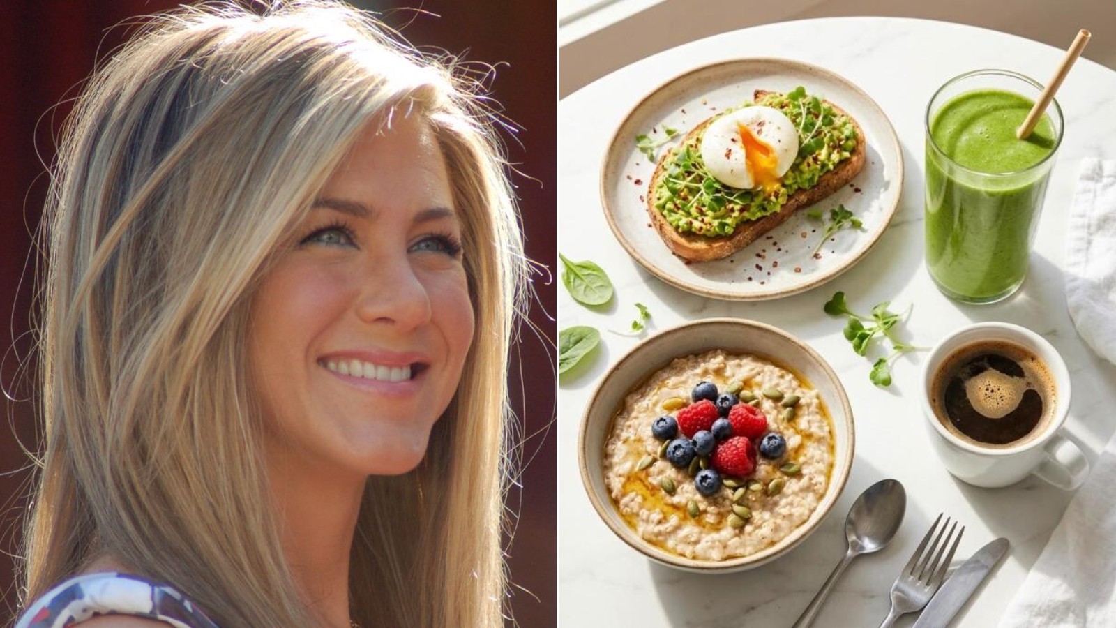 Jennifer Aniston next to celebrity breakfasts of avocado toast, smoothie and oatmeal