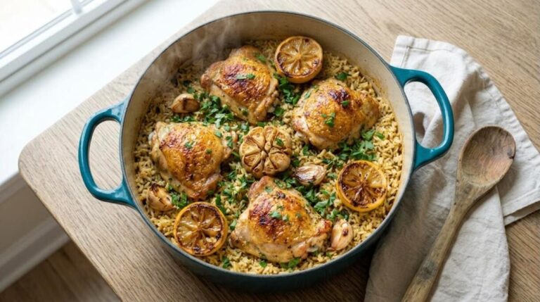 One pot chicken and rice with lemon and garlic in a teal Dutch oven